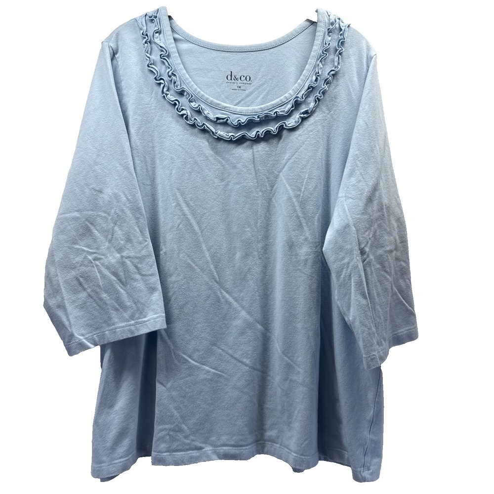 Denim & Co Women's Top Sz 1X Plus Light Blue Ruffle Neckline 3/4 Sleeve Pullover